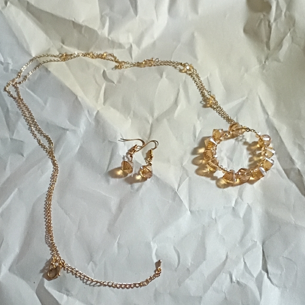 Elegant Gold Crystal  Jewelry Set with Earrings and Necklace